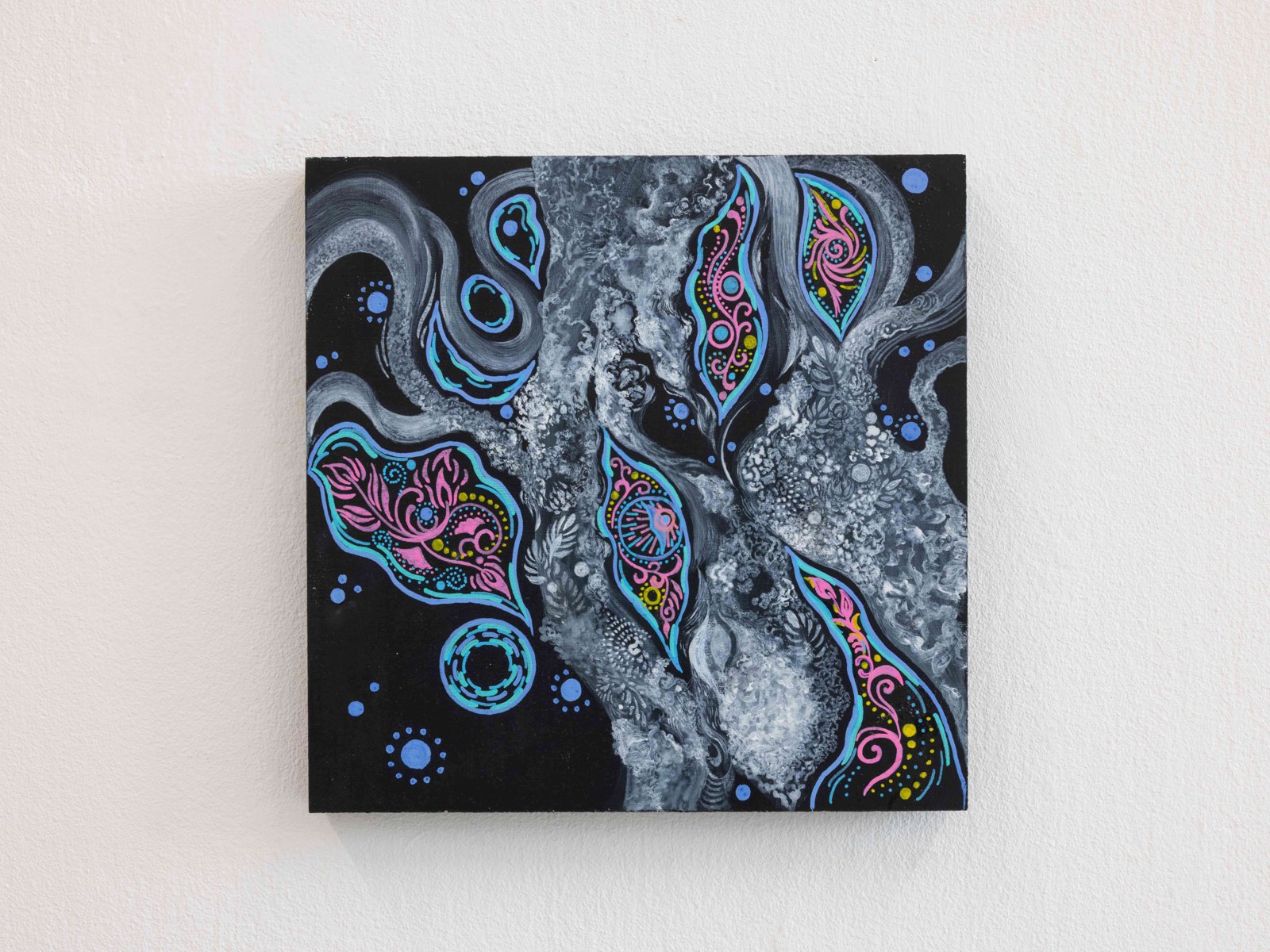 Eyes in Flow, a square painting photographed on a light wall