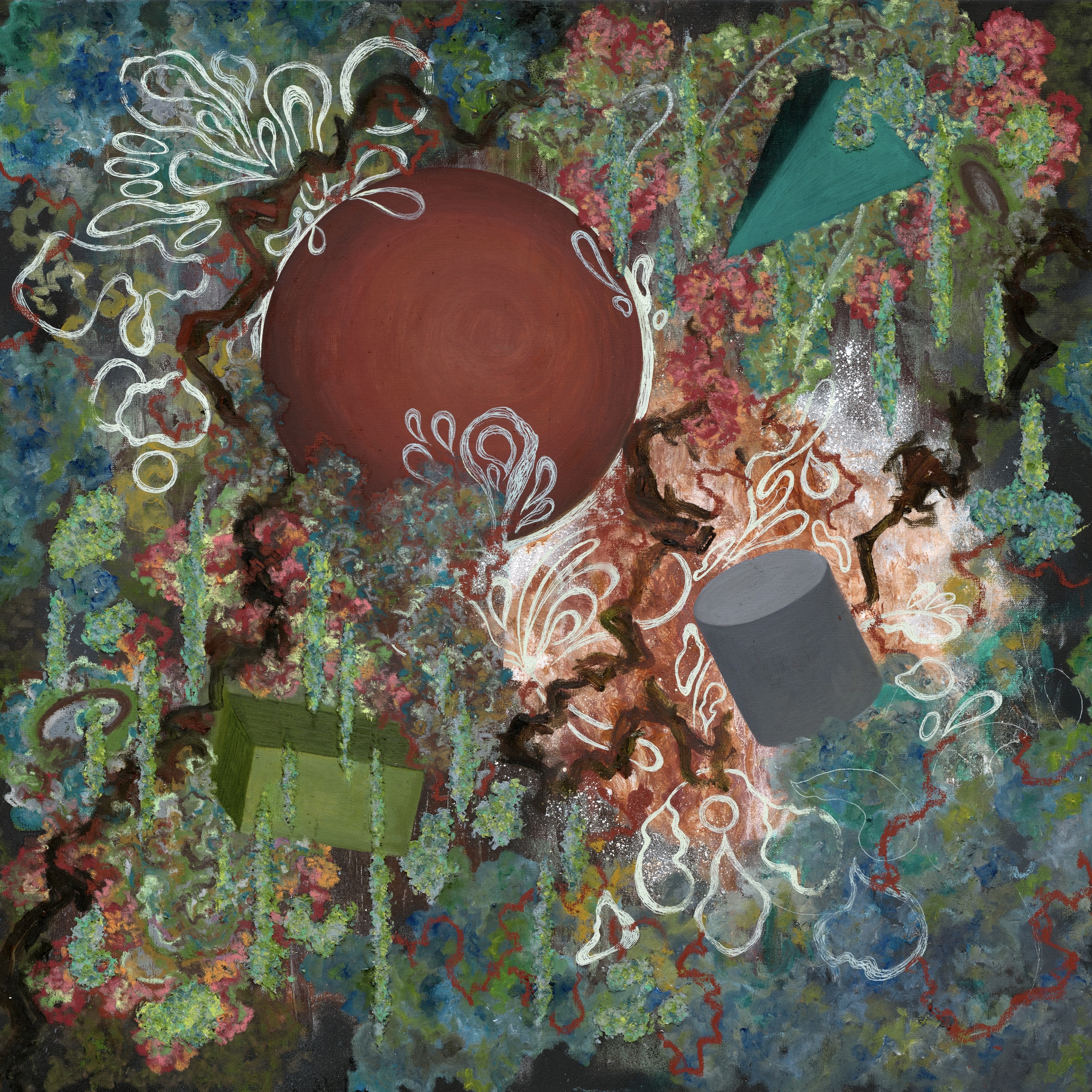 Wild Geometry, 2023, Oil on canvas, paper pulp, 80 × 80 cm