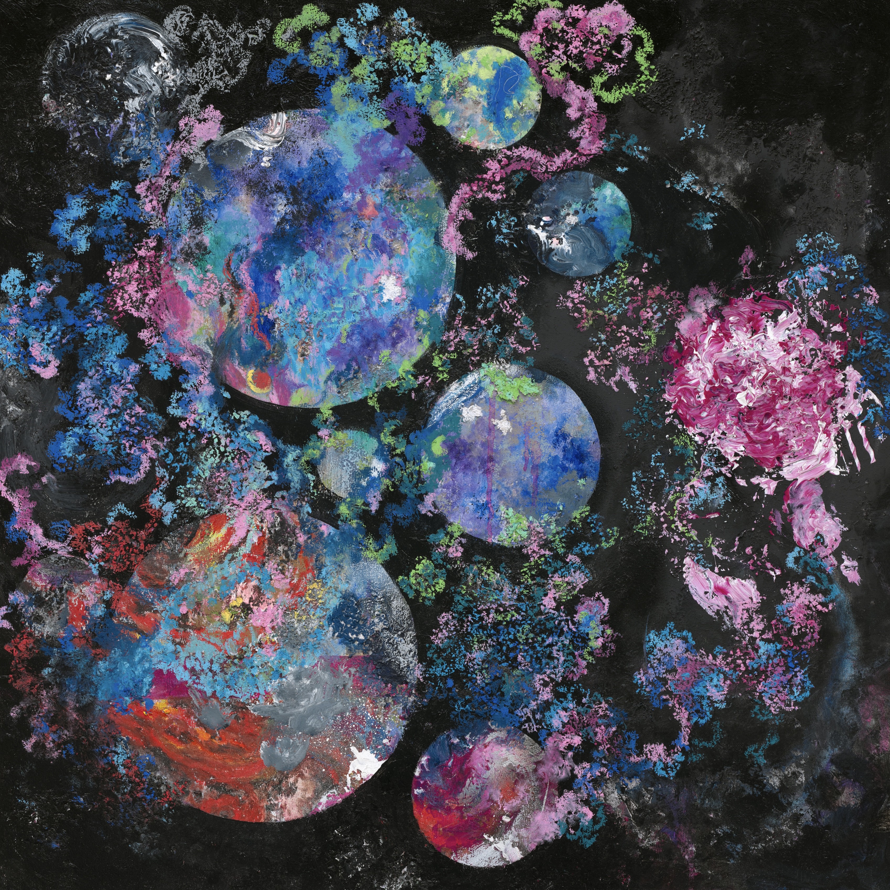 Disco Balls, 2023, Oil on canvas, paper pulp, 80 × 80 cm